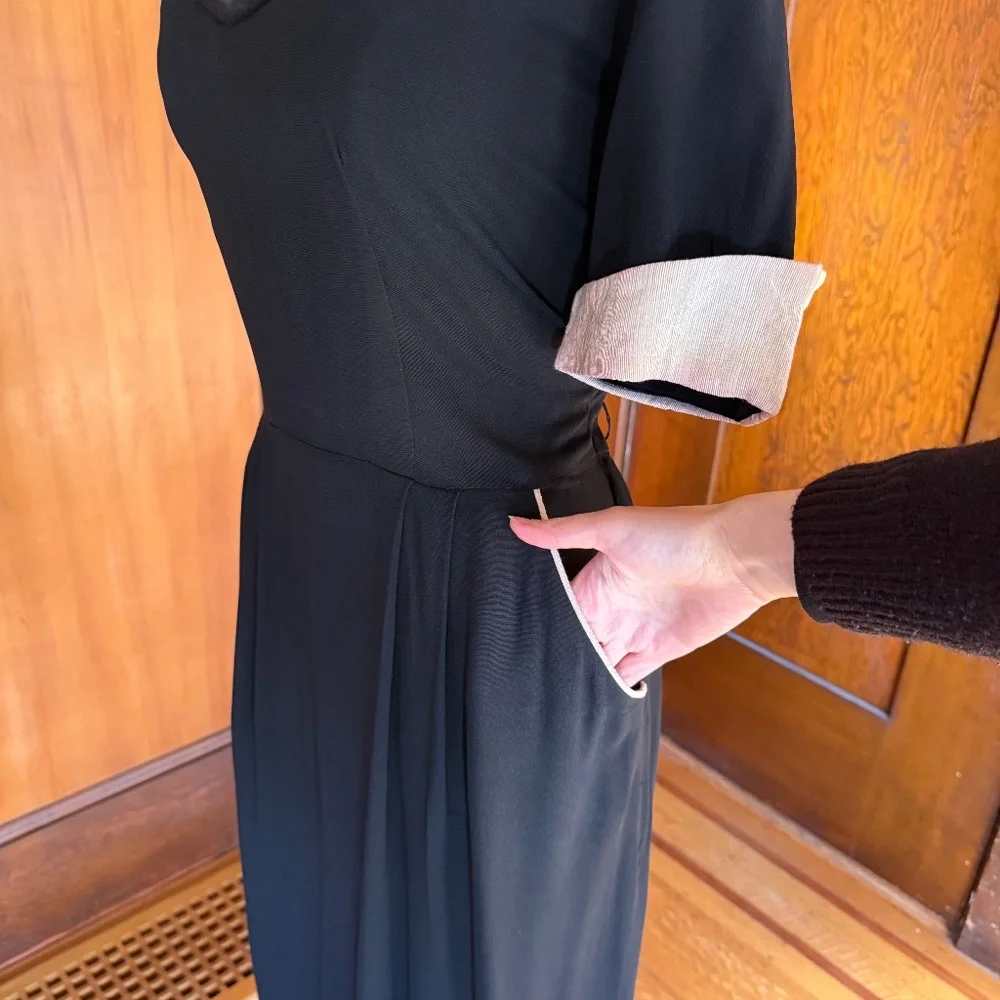 Vintage 40s 50s Black Cocktail Evening Dress w/ White Gold Lurex Rhinestones, XL - Picture 5 of 9
